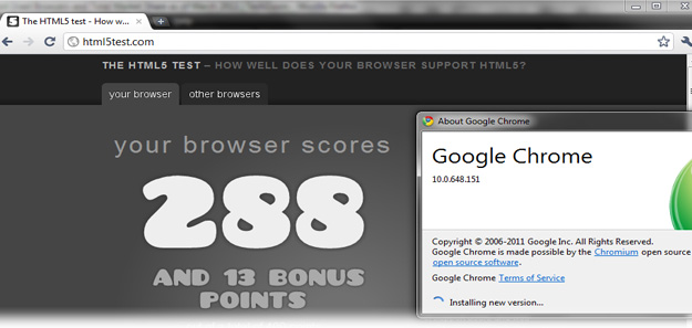 HTML 5 test results for Google Chrome 10