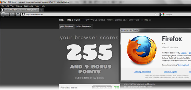 HTML 5 test results for Firefox 4