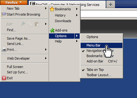 Firefox 4 show file menu bar