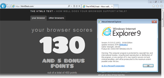 HTML 5 test results for Internet Explorer 9