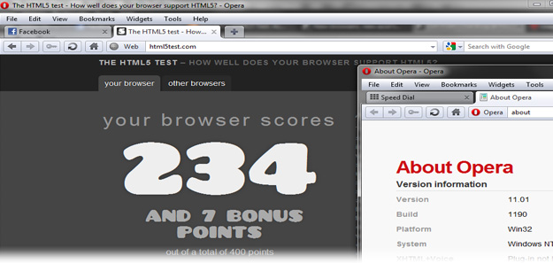 HTML 5 test results for Opera 11