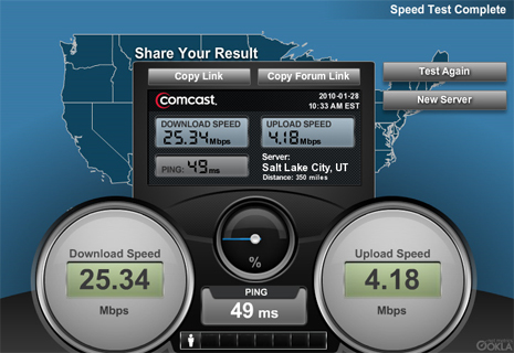 Comcast Speed Testing Results: 25mb download / 4mb upload